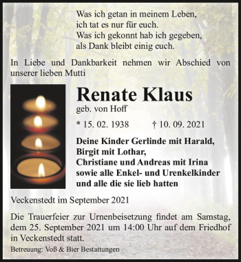 Traueranzeige von Renate Klaus (geb. von Hoff)  von Magdeburger Volksstimme