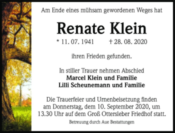 Traueranzeige von Renate Klein  von Magdeburger Volksstimme