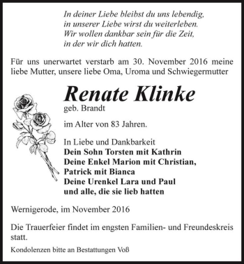 Traueranzeige von Renate Klinke (geb. Brandt)  von Magdeburger Volksstimme
