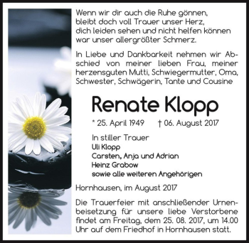 Traueranzeige von Renate Klopp  von Magdeburger Volksstimme