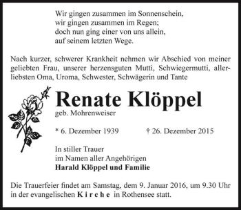 Traueranzeige von Renate Klöppel (geb. Mohrenweiser)  von Magdeburger Volksstimme