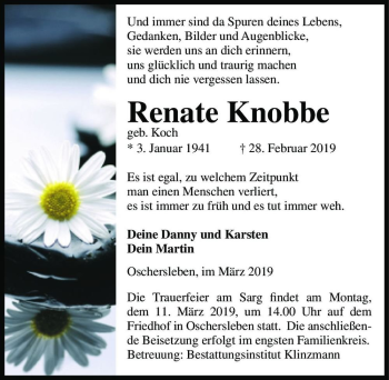 Traueranzeige von Renate Knobbe (geb. Koch)  von Magdeburger Volksstimme