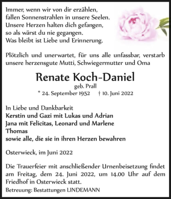 Traueranzeige von Renate Koch - Daniel (geb. Prall)  von Magdeburger Volksstimme