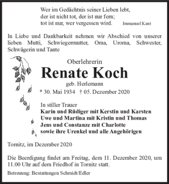 Traueranzeige von Renate Koch (geb. Herlemann)  von Magdeburger Volksstimme