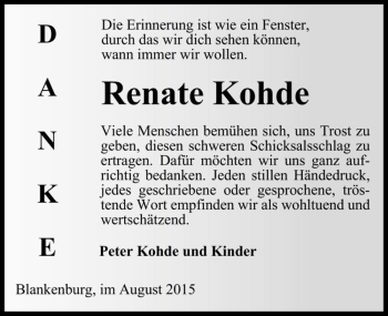 Traueranzeige von Renate Kohde  von Magdeburger Volksstimme