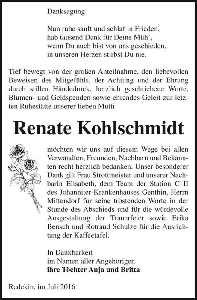  Traueranzeige für Renate Kohlschmidt  vom 12.08.2016 aus Magdeburger Volksstimme