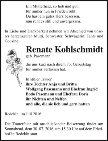 Traueranzeige von Renate Kohlschmidt (geb. Pasemann)  von Magdeburger Volksstimme