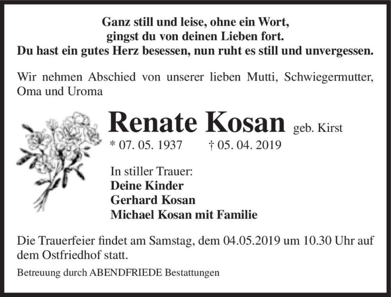  Traueranzeige für Renate Kosan (geb. Kirst)  vom 27.04.2019 aus Magdeburger Volksstimme