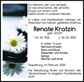 Traueranzeige von Renate Kratzin (geb. Schütt)  von Magdeburger Volksstimme