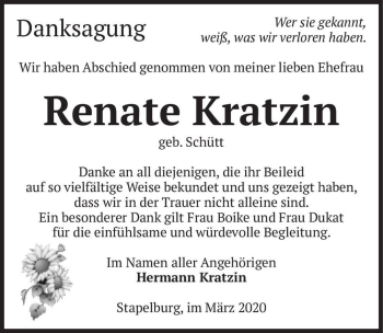 Traueranzeige von Renate Kratzin (geb. Schütt)  von Magdeburger Volksstimme