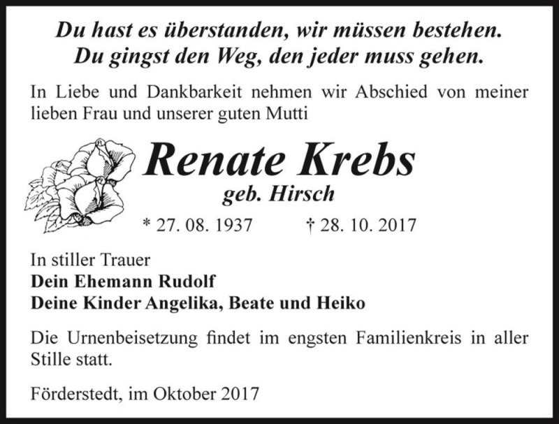 Traueranzeige für Renate Krebs (geb. Hirsch)  vom 04.11.2017 aus Magdeburger Volksstimme