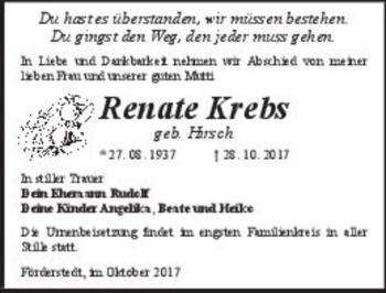 Traueranzeige von Renate Krebs (geb. Hirsch)  von Magdeburger Volksstimme