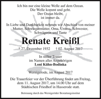 Traueranzeige von Renate Kreißl  von Magdeburger Volksstimme