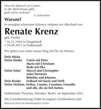 Traueranzeige von Renate Krenz (geb. Fischer)  von Magdeburger Volksstimme