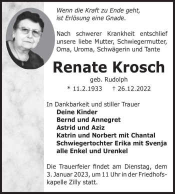 Traueranzeige von Renate Krosch (geb. Rudolph)  von Magdeburger Volksstimme
