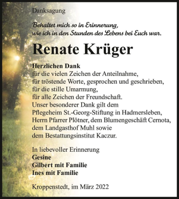Traueranzeige von Renate Krüger  von Magdeburger Volksstimme