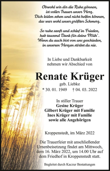 Traueranzeige von Renate Krüger (geb. Liebke)  von Magdeburger Volksstimme