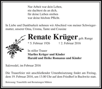 Traueranzeige von Renate Krüger (geb. Runge)  von Magdeburger Volksstimme