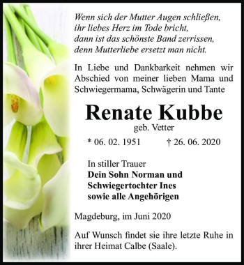 Traueranzeige von Renate Kubbe (geb. Vetter)  von Magdeburger Volksstimme