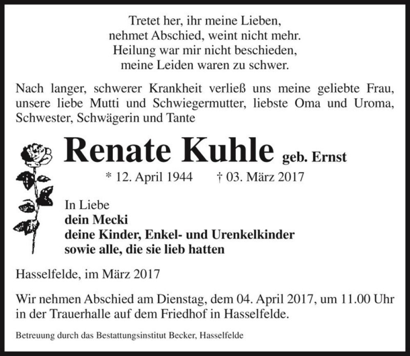  Traueranzeige für Renate Kuhle (geb. Ernst)  vom 25.03.2017 aus Magdeburger Volksstimme