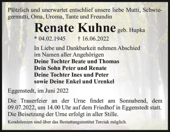 Traueranzeige von Renate Kuhne (geb. Hupka)  von Magdeburger Volksstimme