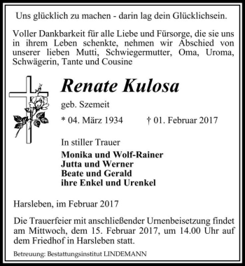 Traueranzeige von Renate Kulosa (geb. Szemeit)  von Magdeburger Volksstimme