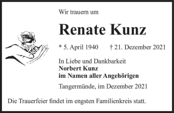 Traueranzeige von Renate Kunz  von Magdeburger Volksstimme