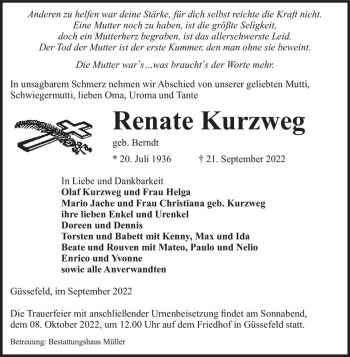 Traueranzeige von Renate Kurzweg (geb. Berndt)  von Magdeburger Volksstimme