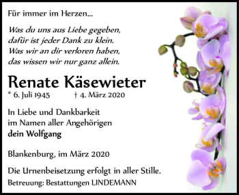 Traueranzeige von Renate Käsewieter  von Magdeburger Volksstimme