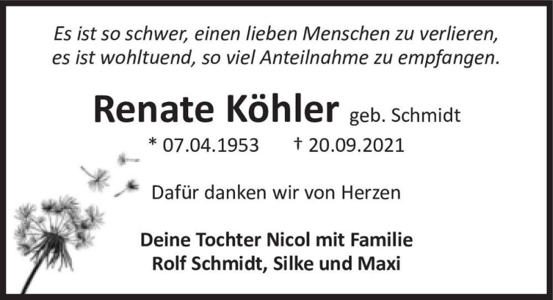 Traueranzeige für Renate Köhler (geb. Schmidt)  vom 23.10.2021 aus Magdeburger Volksstimme