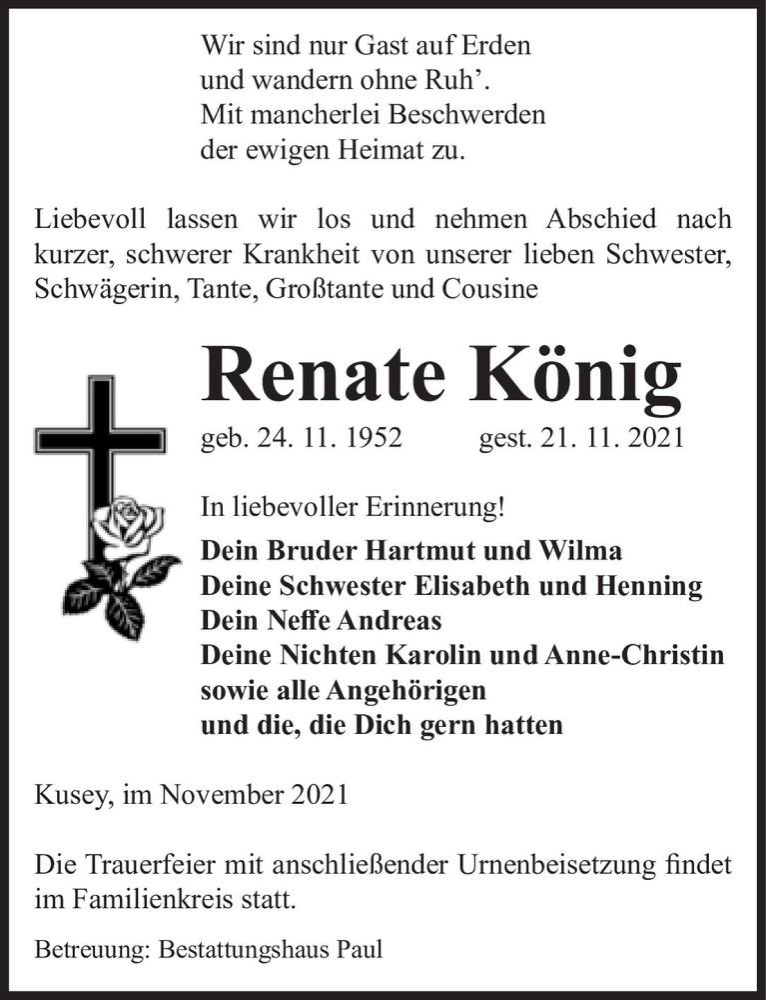  Traueranzeige für Renate König  vom 27.11.2021 aus Magdeburger Volksstimme