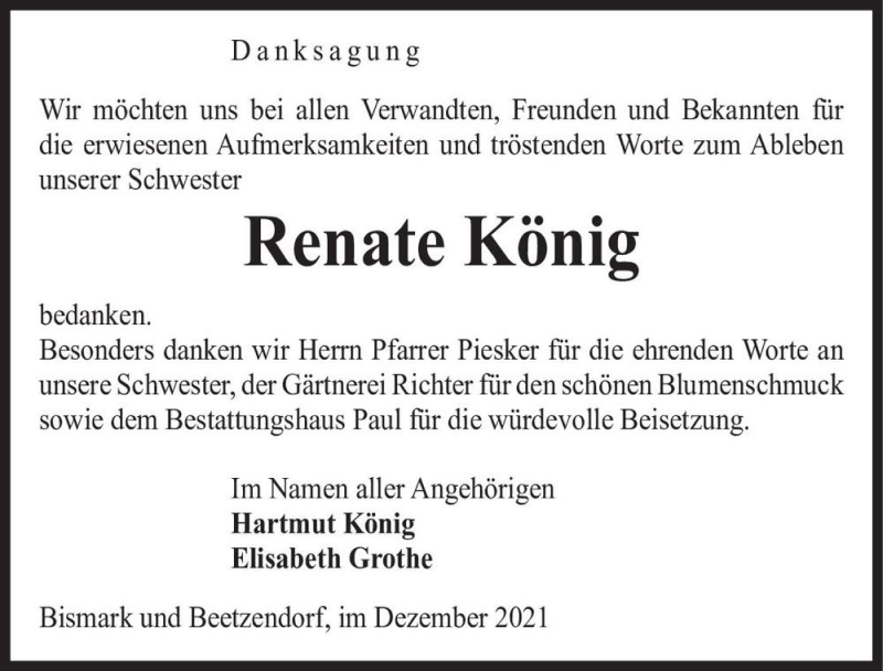  Traueranzeige für Renate König  vom 31.12.2021 aus Magdeburger Volksstimme