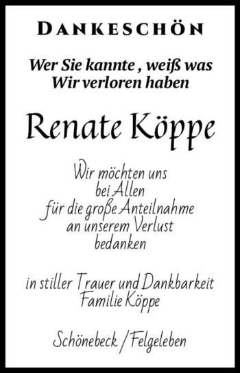 Traueranzeige von Renate Köppe  von Magdeburger Volksstimme