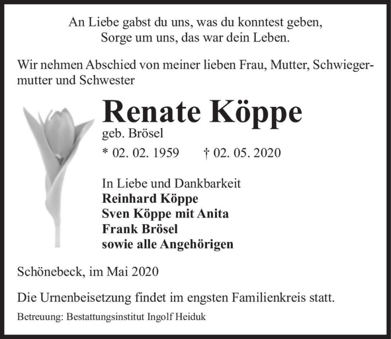  Traueranzeige für Renate Köppe (geb. Brösel)  vom 09.05.2020 aus Magdeburger Volksstimme