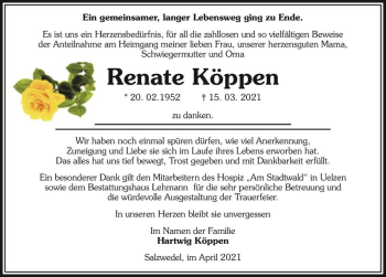 Traueranzeige von Renate Köppen  von Magdeburger Volksstimme