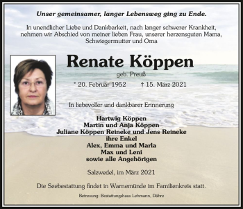 Traueranzeige von Renate Köppen (geb. Preuß)  von Magdeburger Volksstimme