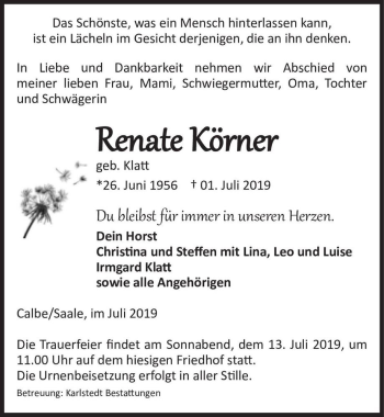 Traueranzeige von Renate Körner (geb. Klatt)  von Magdeburger Volksstimme