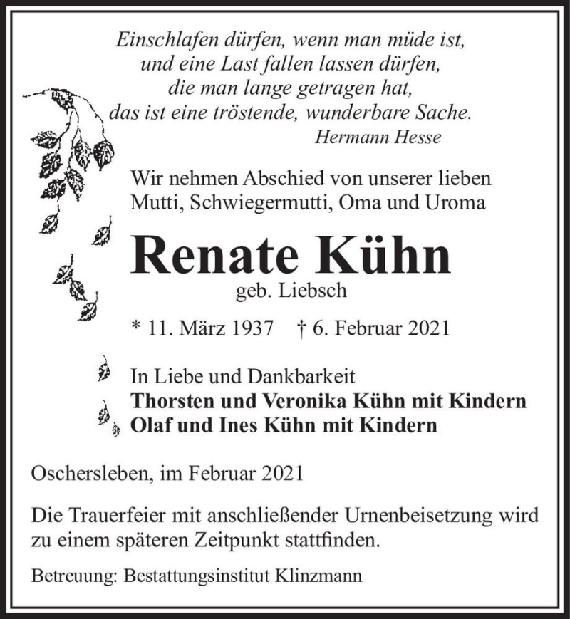  Traueranzeige für Renate Kühn (geb. Liebsch)  vom 13.02.2021 aus Magdeburger Volksstimme