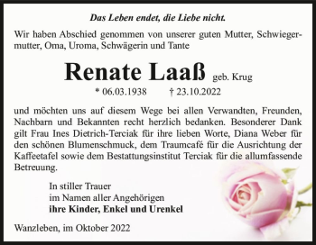 Traueranzeige von Renate Laaß (geb. Krug)  von Magdeburger Volksstimme