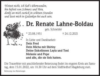 Traueranzeige von Renate Lahn-Boldau (geb. Schneider)  von Magdeburger Volksstimme