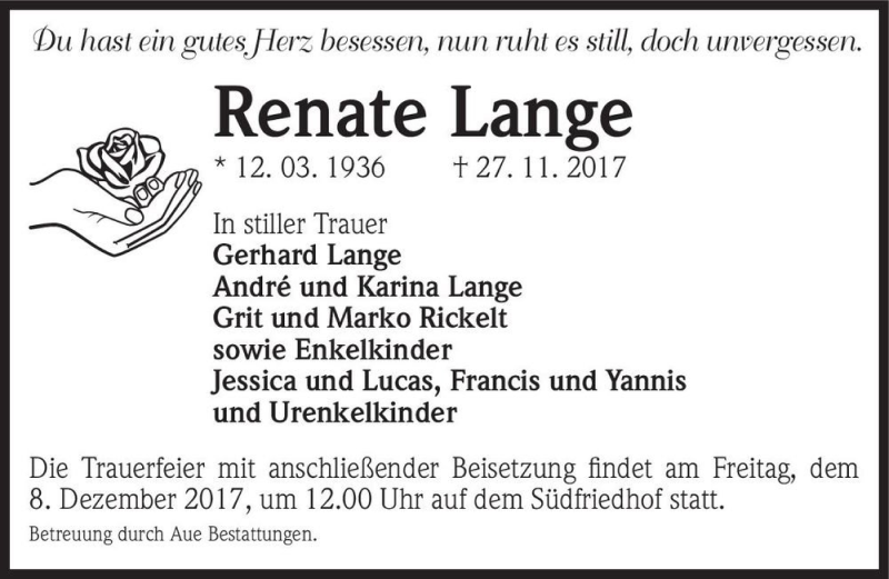  Traueranzeige für Renate Lange  vom 02.12.2017 aus Magdeburger Volksstimme