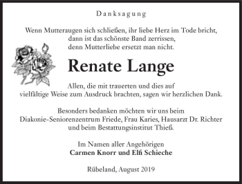Traueranzeige von Renate Lange  von Magdeburger Volksstimme