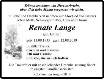 Traueranzeige von Renate Lange (geb. Gaffert)  von Magdeburger Volksstimme
