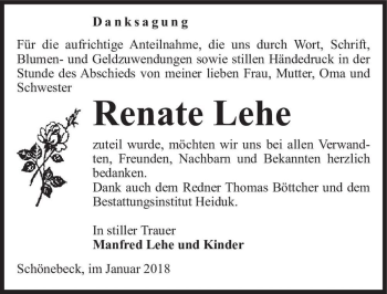 Traueranzeige von Renate Lehe  von Magdeburger Volksstimme