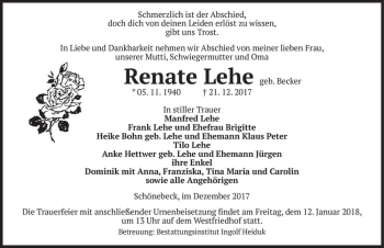 Traueranzeige von Renate Lehe (geb. Becker)  von Magdeburger Volksstimme