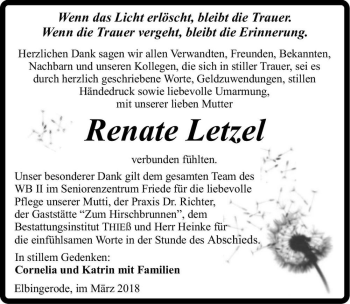 Traueranzeige von Renate Letzel  von Magdeburger Volksstimme