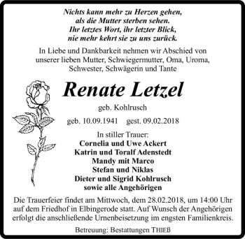 Traueranzeige von Renate Letzel (geb. Kohlrusch)  von Magdeburger Volksstimme