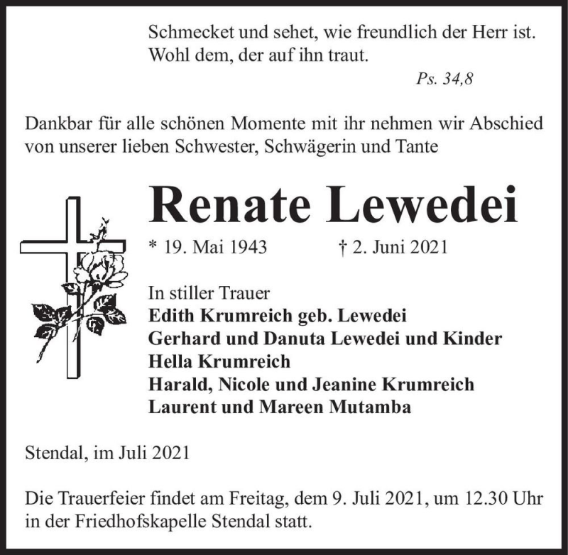  Traueranzeige für Renate Lewedei  vom 03.07.2021 aus Magdeburger Volksstimme