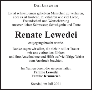 Traueranzeige von Renate Lewedei  von Magdeburger Volksstimme