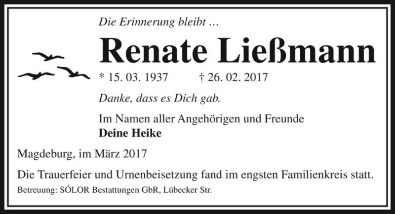  Traueranzeige für Renate Ließmann  vom 18.03.2017 aus Magdeburger Volksstimme